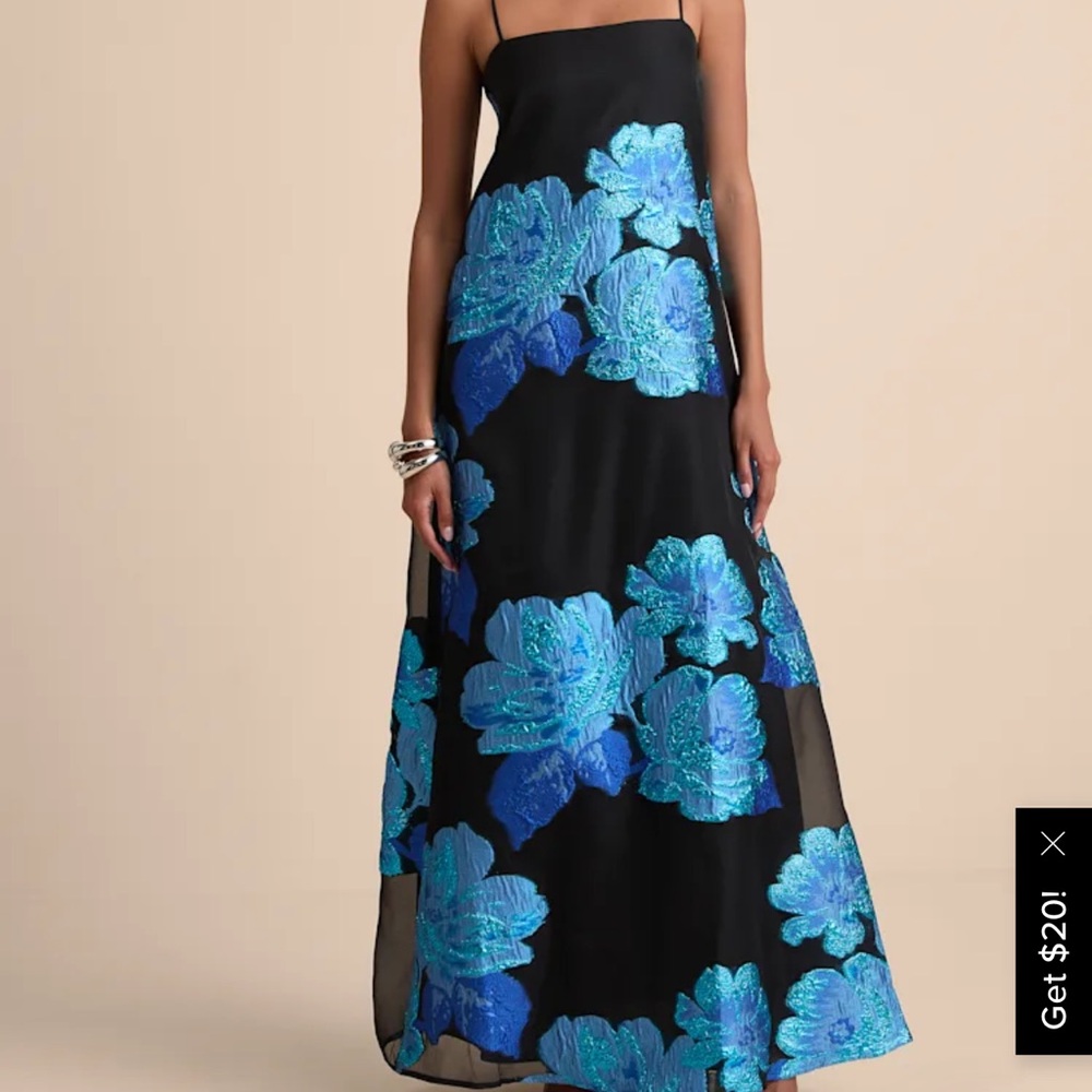 Yavanna Black and Blue Floral Jacquard Shift Maxi Dress